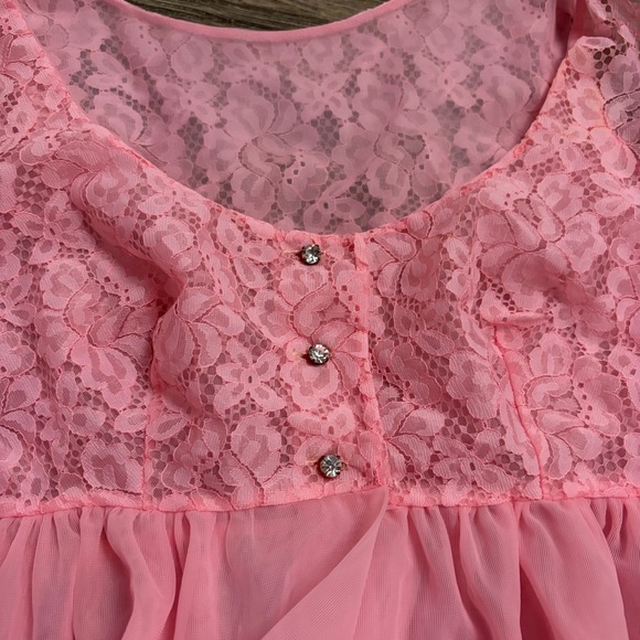 70s European Vintage Floral Lace and Tulle Babydoll Sheer Mini Slip (Pink) XS/S - Picture 3 of 9